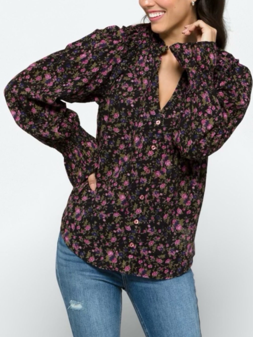 Free People Black Floral Button-Front Blouse with Pink Roses - Picture 2 of 7